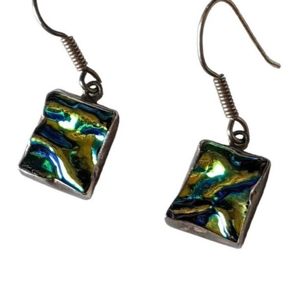 925 stamped aurora borealis square cut textured glass fish hook earrings - Picture 1 of 7